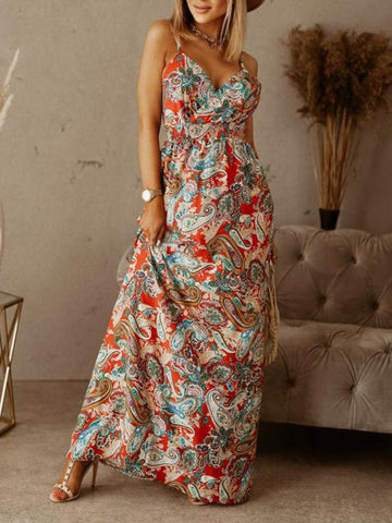 Woochic robe longue motif fluide dos nu à fines brides v-cou bohème mode plage Marron S